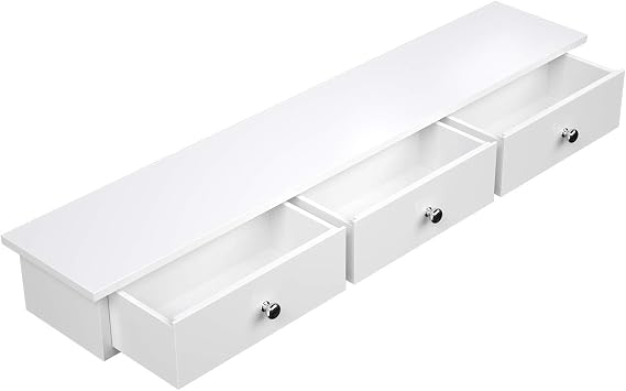 SONGMICS wall shelf, floating shelf with 3 drawers, storage shelf in the hallway, 80 x 15 x 10 cm, living room, bedroom and kitchen, glossy finish, white LWS085W01