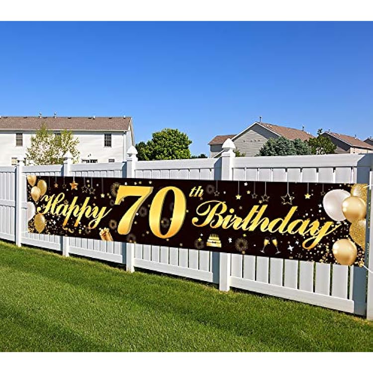 Happy 70th Birthday Banner,Birthday Party Sign Backdrop Banner For Men Women Cheer to 70 Years,Durable Black&Gold Glitter Birthday Sign Yard Sign For 70th Birthday Party Decoration Supplies70 Black
