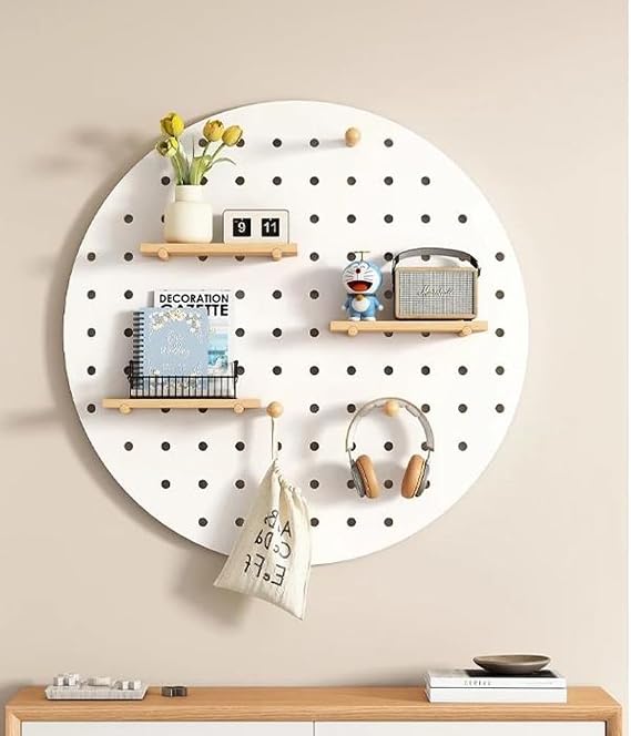 Wooden Pegboard Combination Kit,Round/Heart Shaped Wall Mount Display Shelves Heavy Duty Peg Board Wall Organizer for Bedroom Living Room (White,60x60cm)