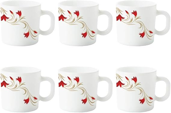 Larah by Borosil Red Lily Opalware Cup Set, 6-Pieces, White