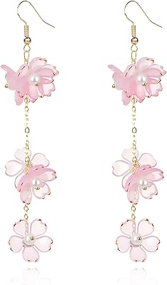 Tassel Flower Dangle Earrings for Women Cute Leaf Sakura Leaf Earrings Asymmetric Charm Flower Leaf Petal Earrings Dainty Cherry Blossom Spring Earring Weddings Jewelry