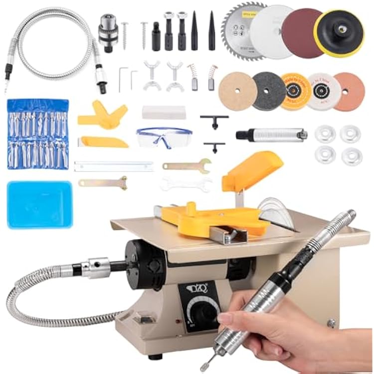 DZQ 69Pcs Accs Mini Table Saw Jewelry Making Polisher wFlex Shaft Multifunctional Bench Grinder Sander Buffing Machine Woodworking Tool 10,000Rpm 750W