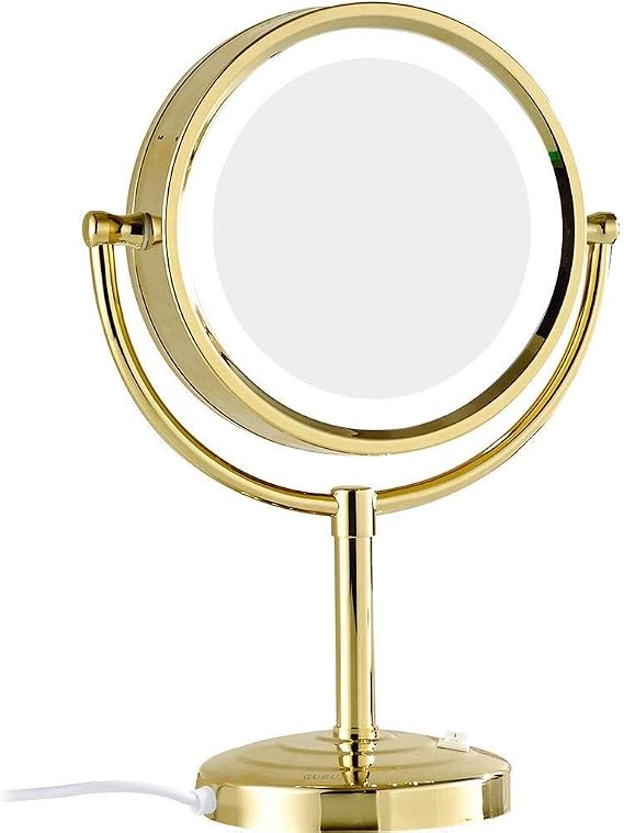 ZADIKO Countertop Makeup Mirrors, 8.5 Inch Double Sided LED Lights Brass Adjustable Gold Standing Cosmetic Magnifying Mirror with Plug and Switch,10x