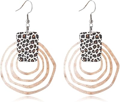 Wooden Geometry Circle Earrings for Women Bohemian Vintage Lightweight Wood Dangle Earrings Handmade Multilayer Earrings
