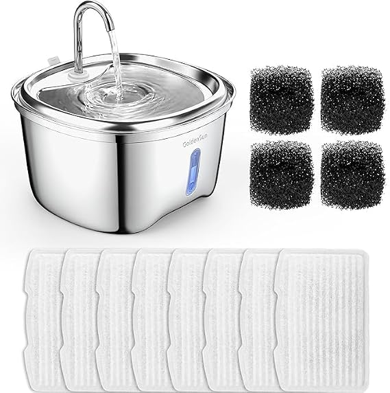 Cat Water Fountain Stainless Steel and Cat Water Fountain Filter Replacements Bundle