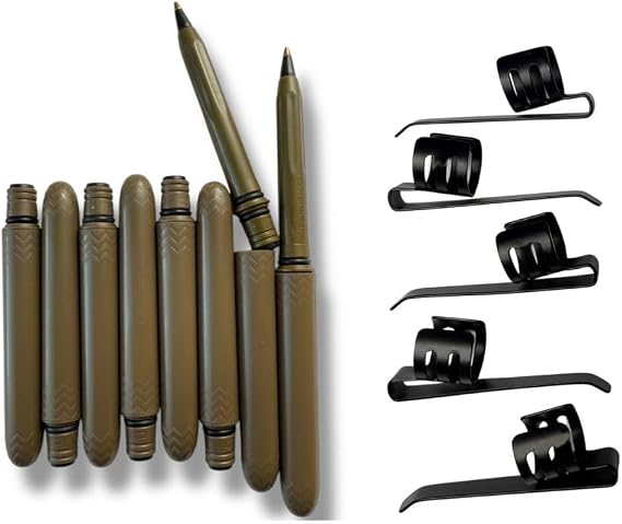 Pokka Pen 8-Pack in Flat Dark Earth and Clip 5-Pack - USA Made Pocket Pen with metal clipscompact, affordable, lightweight, EDC black ink ballpoint penwaterproof, floatscarries small, writes big