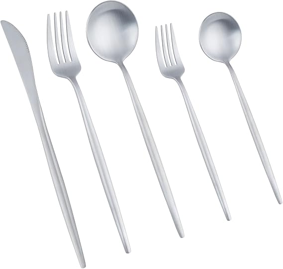 5-Piece Matte Silver Silverware Set Stainless Steel Flatware Knife Spoon Fork Set Tableware Set for 1