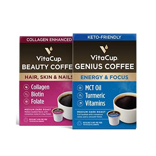 VitaCup Coffee Pod Beauty & Genius 32ct. Bundle Vitamin infused Single Serve Pods Compatible with K-Cup Brewers Including Keurig 2.0