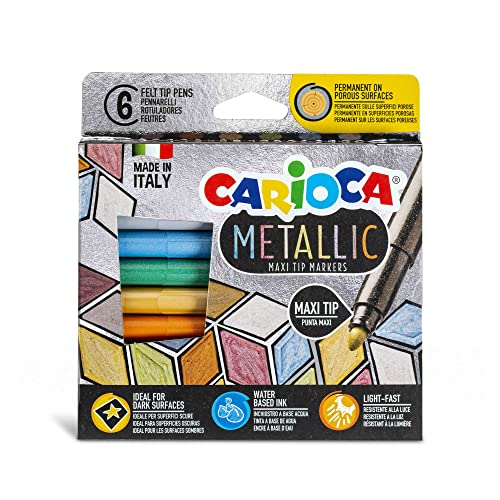 CARIOCA Metallic Markers 6-Pack Maxi Tip Felt Pens, 6 mm Blocked Tip, Water-Based Ink, For Crafts, Art & School Supplies, 56% Recycled Plastic, Made in Italy
