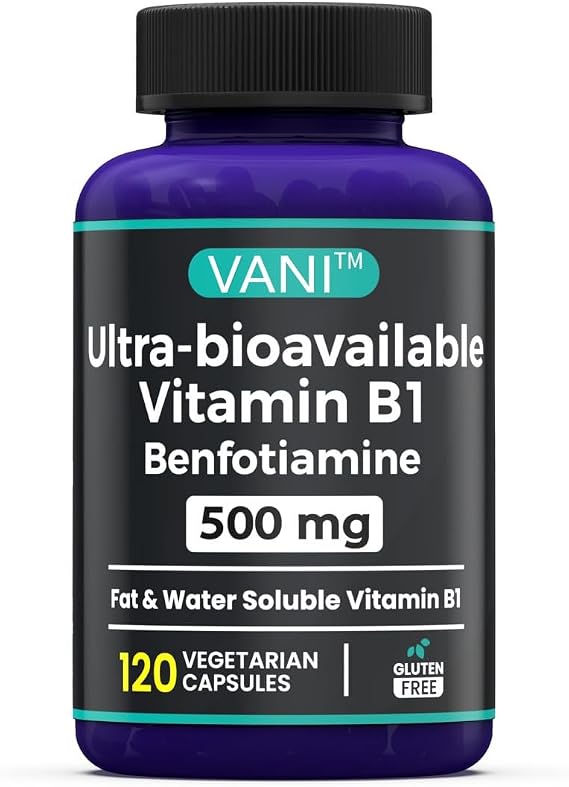 VANI 500MG Benfotiamine with B1, 5X Time Fat & Water Soluble Thiamine B1 Supplement Third Party Tested, No Gluten (120 Capsules)