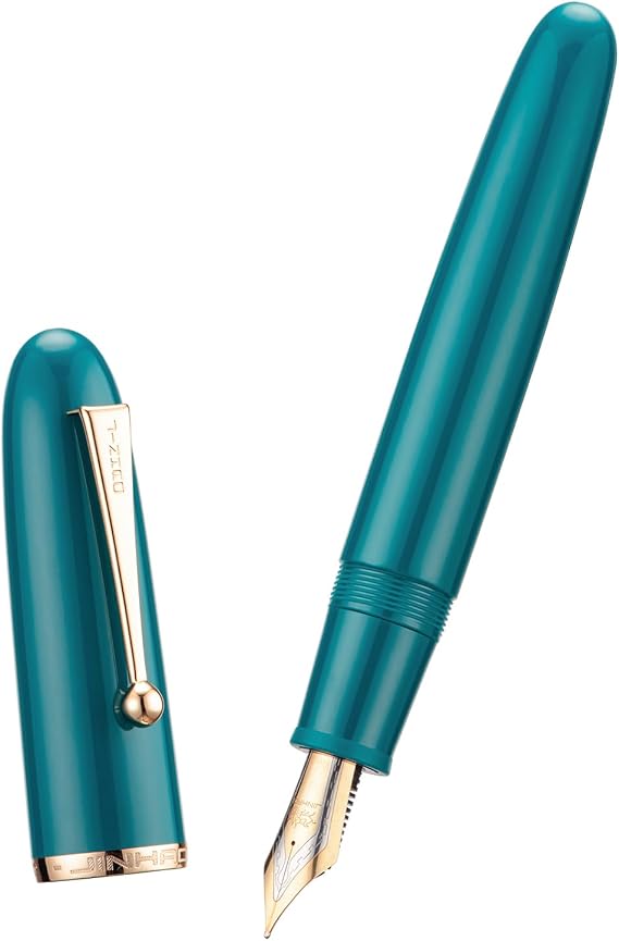 Jinhao 9019 Fountain Pen Dadao Series Lake Blue Acrylic Gold Trim #8 Extra Fine Point with Large Converter for Writing, Signature and Art Drawing
