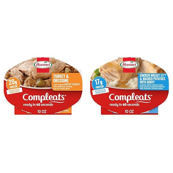 HORMEL COMPLEATS Turkey & Dressing and HORMEL COMPLEATS Chicken Breast & Mashed Potatoes With Gravy Microwave Tray, 10 oz (6 Pack)