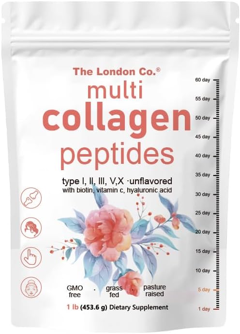 Multi Collagen Peptides, Types I II III V X, Unflavoured with Biotin and Vitamin C, 453.6g, GMO-Free