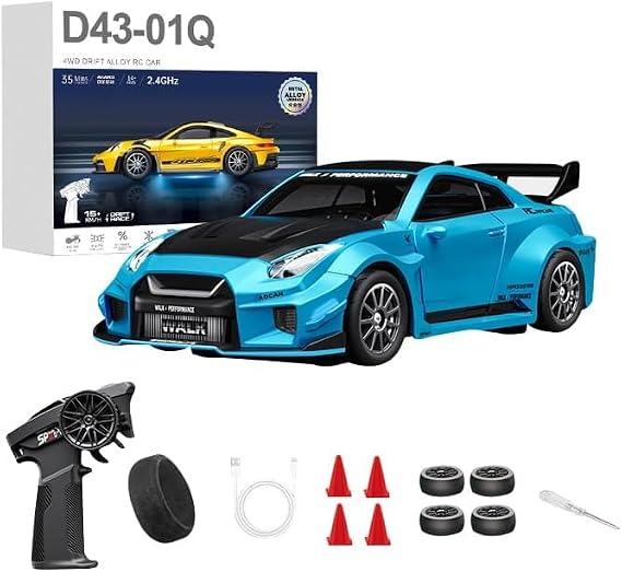1:43 RC Drift Car 20KM/H with Gyro, 2.4G 4WD Full Proportional Alloy Sport Racing Car, Adjustable Speed, LED Lighting for Teens & Adults-D43-02