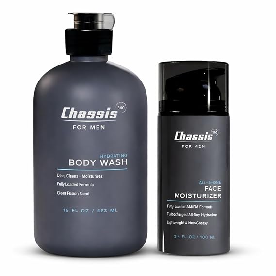 Chassis 360 Hydrating Mens Body Wash & All-In-One Face Moisturizer Bundle Triple Foam Body Cleanser + Vitamin C, Niacinamide & Hyaluronic Acid Moisturizer