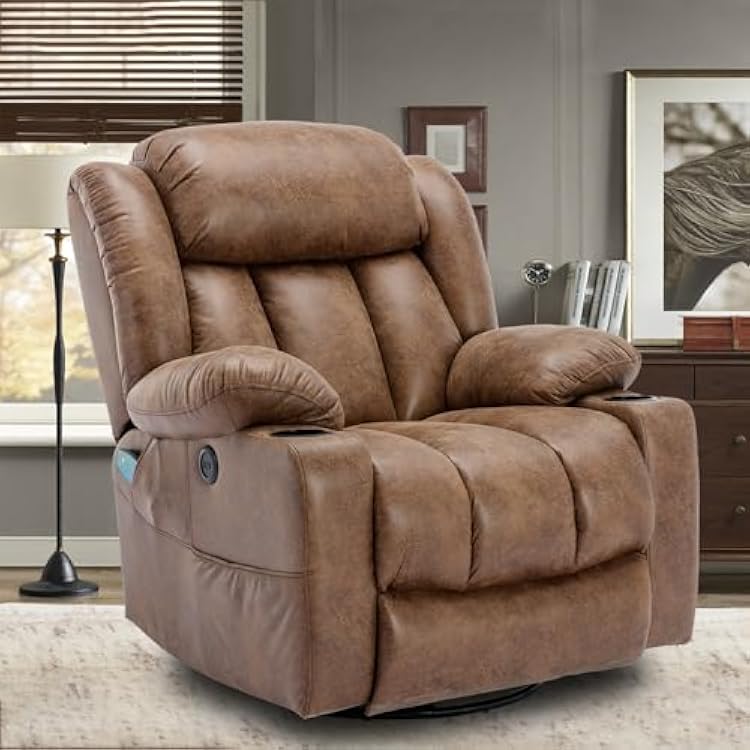 360 Swivel Glider Rocking Recliner Chair, Overstuffed Manual Massage Recliner with Heat and Vibration, Single Modern Sofa Home Theater Seating for Living Room, USB PortsCup Holders Brown