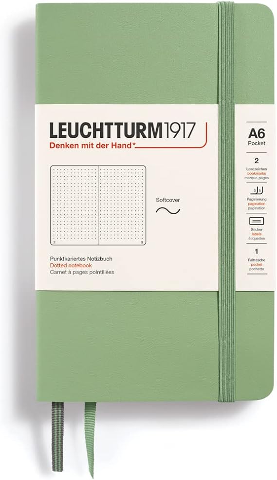 LEUCHTTURM1917 363952 Notebook Pocket (A6) Soft Cover 123 Numbered Pages Sage Dotted