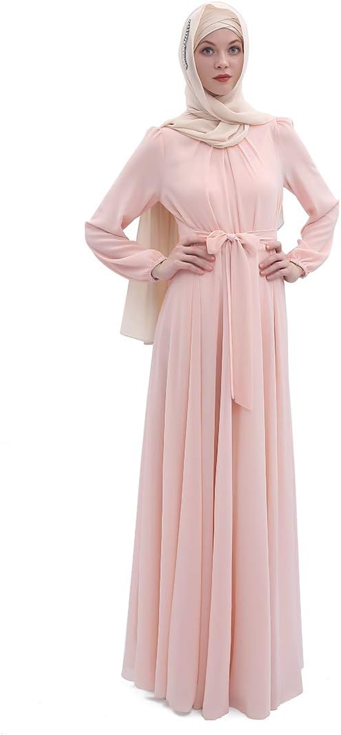 BooW Women's Chiffon Kaftan Abaya Dress Muslim Long Sleeve Self Tie Flowy Maxi Dress Islamic Evening Gown (20243-Pink, M)