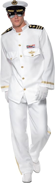 Smiffys Deluxe Captain Costume, White with Jacket, Trousers, Cap and Gloves, Land, Sea and Air Forces Fancy Dress, Adult Dress Up Costumes