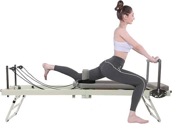 Pilates Reformer, Foldable Pilates Machine Equipment with 3 Adjustable Sliding Rope Heights & 2 Gears Spring Tension for Home Gym Workout Use, 260lbs Capacity (Grey)
