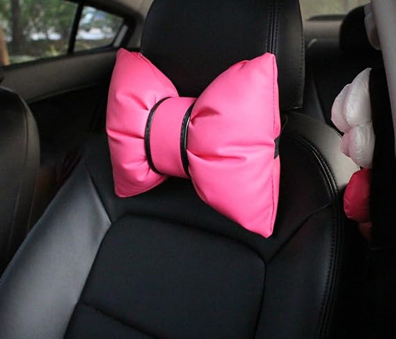 Charming Hot Pink Leather Bow Headrest Pillows for Car Driving Neck Rest Pillows 2 Pack