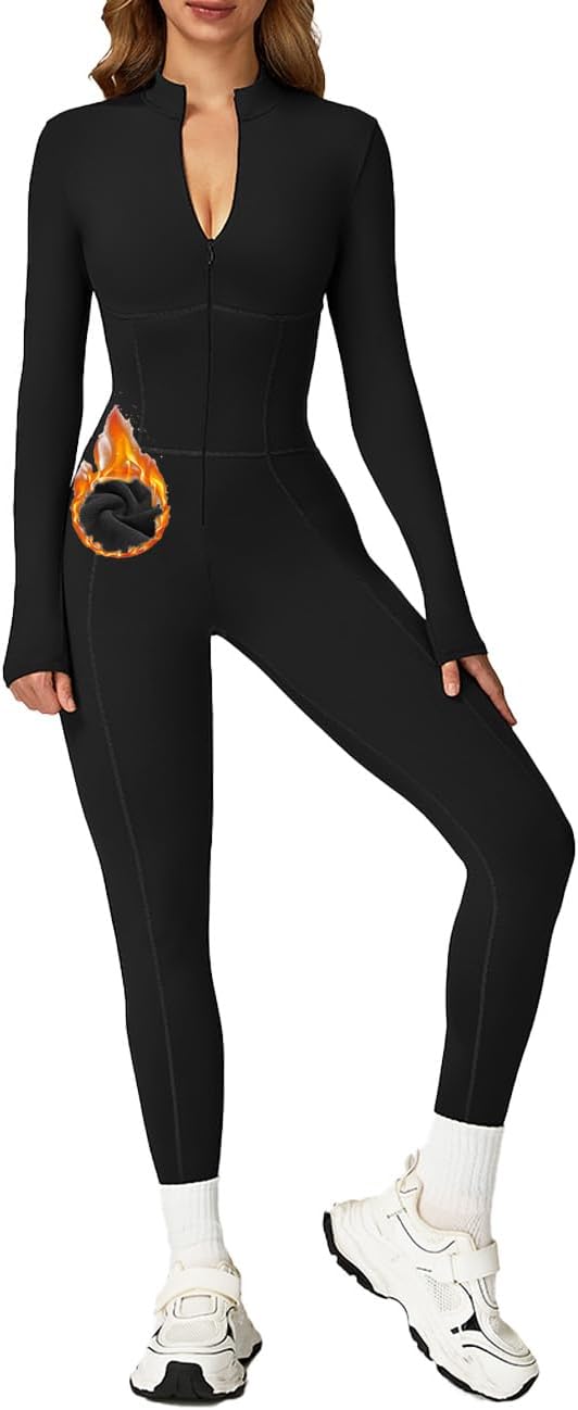 AEEZO Womens Fleece Lined Contour Seams Workout Jumpsuits Zip Up Thermal Yoga Rompers Sexy One Piece Bodycon Playsuit