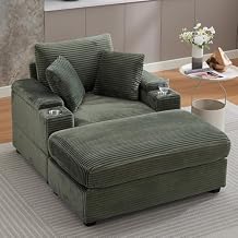 50" Oversized Chaise Lounge Chair Indoor with Ottoman and Storage, Deep Seat Upholstered reading Chair, Comfy Corduroy Sleeper Chair with Cup Holder, Reclining Chair for Living Room, Bedroom, Green