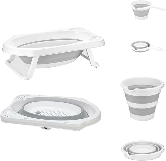 ebebek baby plus Foldable Bathtub Set 3 Pcs | Baby Bath Set Foldable Bathtub with Buckets | Non-Slip Support Leg, Collapsible Tub for Toddler Baby Kids Bathing Set