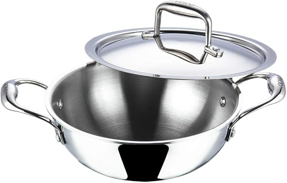 Vinod Platinum Extra Deep Stainless Steel Tri Ply Kadai Wok Saucepan Induction Friendly with Stainless Steel Lid, 22cm, 2.4 LTR