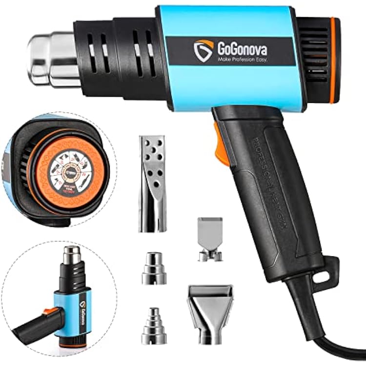 1800W Heat Gun, GoGonova Heavy Duty Soldering Hot Air Gun, Stepless Adjustment 122F to 1202F with Application Icon, Dual Airflow, Compact Design with 5 Nozzles for Shrink Tubing, Wrap, CraftsBlue