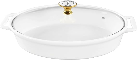 10" x 7" Ceramic Oval Casserole Dish with Glass Lid, 30 Ounce White Serving Soup Tureen,Chafing Dish for Buffet, Family Food preserve Tray, Catering Casserole for Party Style