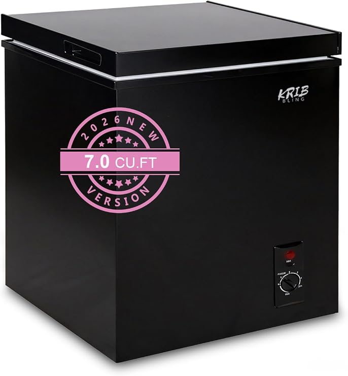 KRIB BLING Chest Freezer Adjustable Thermostat Compact Freezers with Removable Storage Basket for House Kitchen Garage Basement 7.0 cu.ft Black