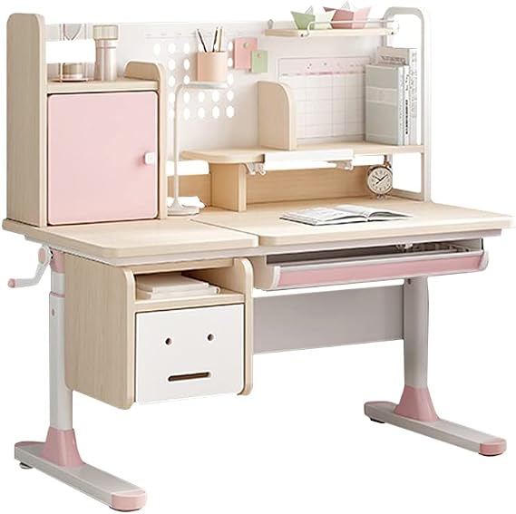 FCD Wood Adjustable Height Ergonomic Kids Study Desk Drafting Table Computer Station Built-in Bookshelf Hutch Multi Function Desktop 43.3" Width