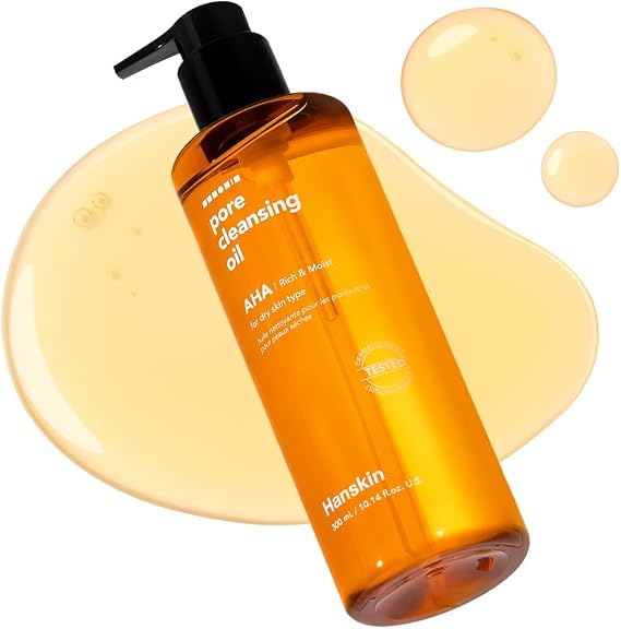 Hanskin AHA Pore Cleansing Oil for Dry Skin, Exfoliating, Waterproof Makeup Sebum Remover Facial Oil Cleanser for Face, Moisturizing for Soft Skin, Korean Skincare [AHA/10.14 oz.]