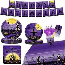 194Pcs Halloween Party Decorations, Happy Halloween Party Supplies with Banner Tablecloth Plates Cups, Disposable Tableware Set for Adults or Kids, Serve 24