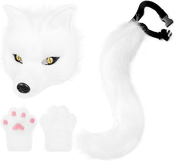 HAOAN Plush Faux Fur Therian Dog Wolf Mask Paw Gloves Fox Tail Set Halloween Cosplay Costume Accessories