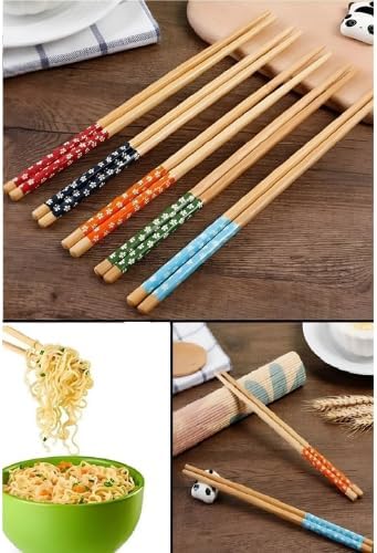 5 Çift Bambu Chopstick Desenli Yıkanabilir Çin Suşi Ramen Noodle Yemek Çubuğu