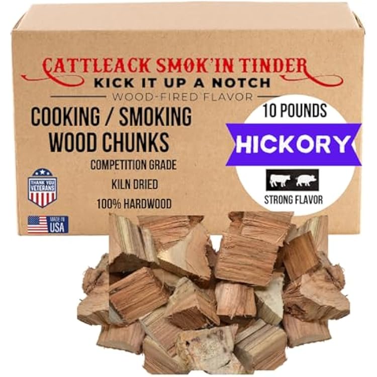 Cattleack Smokin Tinder Hickory Wood Chunks, Smoking & Grilling, 10 lb Box Kiln-Dried Hardwood BBQ Smoking Chunks - Smoker, Charcoal Grill, Kamado, Bold Smoke Flavor for Brisket, Ribs, Pork Hickory