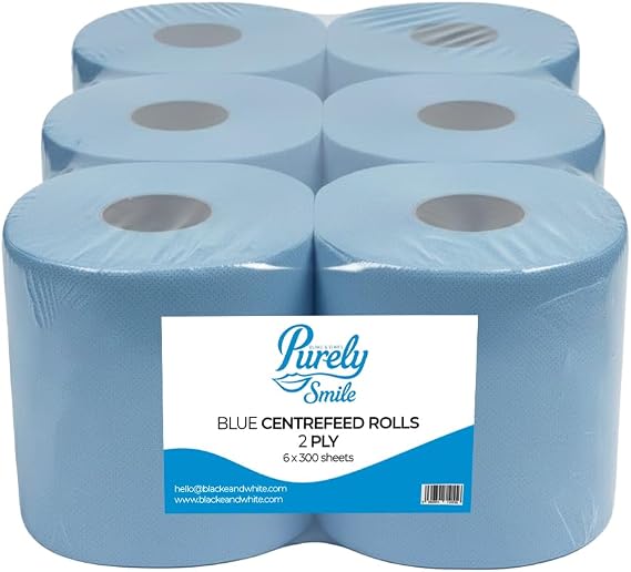 Blake & White Centrefeed Blue Rolls 6 Pack - Purely Smile 2 Ply Tissue Roll for Wiping Surfaces & Drying Hands - 300 Sheets Strong & Ultra Absorbent Blue Roll | PS1216