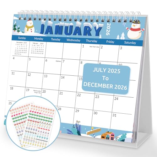 Desk Calendar 2025-2026, Small Desk Calendar 2025, 18 Months from July 2025-December 2026, 8.3 x 6.7 Desktop Stand Up Small Calendar for Home & Office, Holiday Theme