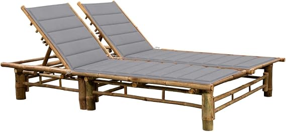 Natural Bamboo 2-Person Sun Lounger with Adjustable Backrest, Beige Rectangular Cushioned Outdoor Chaise Lounge for Patio Garden Pool Deck and Relaxation