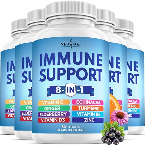 8 in 1 Immune Support Booster Supplement with Echinacea, Vitamin C and Zinc 50mg, Vitamin D 5000 IU, Turmeric Curcumin & Ginger, B6, Elderberry 8 in 1 Capsules Pack of 5