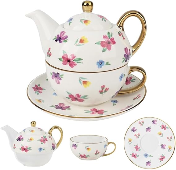 Tea for One Set, Teapot, Tea Cup & Saucer in Vintage Floral with Gold-Plated Accents, Fine Porcelain/Ceramic Tea Service for Women, Gift for Her, Ideal for Afternoon Tea, Mother’s Day
