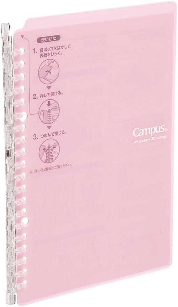 Kokuyo Smart Ring Binder, B5 Light Pink Binder Notebook, Up to 25 Sheets | Campus Refillable Notebook 26 Holes with 10 Extra Loose-Leaf Paper in 6mm Dot Ruled Japanese Slim Binder for Work & Study