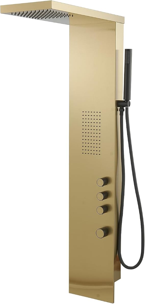 Shower Panel Tower System, Brushed Gold | Stainless Steel, Multifunction Shower Tower System, Bathroom Rainfall Shower Head Hand Shower and Large Area Body Spray