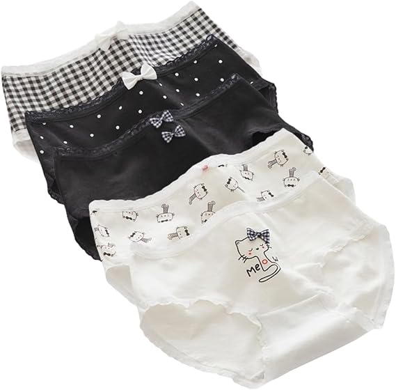 Womens Underwear Cotton Panties Cat Print Plaid Bow Knot Polka Dot Cute Kawaii Japanese Underwear 5 Pack