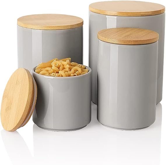 Sweejar Kitchen Canisters Ceramic Food Storage Jar Set, Stackable Containers with Airtight Seal Wooden Lid for Serving Ground Coffee, Tea, Herbs, Grains, Sugar, Salt - Set of 4 (Gray)