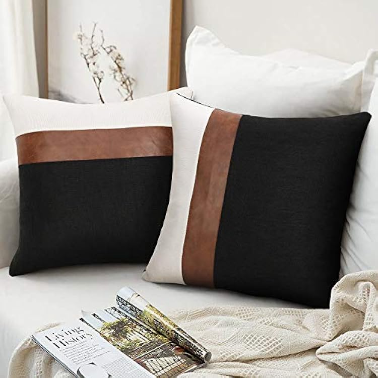 cygnus Set of 2 Faux Leather and Linen Throw Pillow Covers 18x18 Inch Black and White Modern Decorative Accent Cover for Couch Sofa, Black