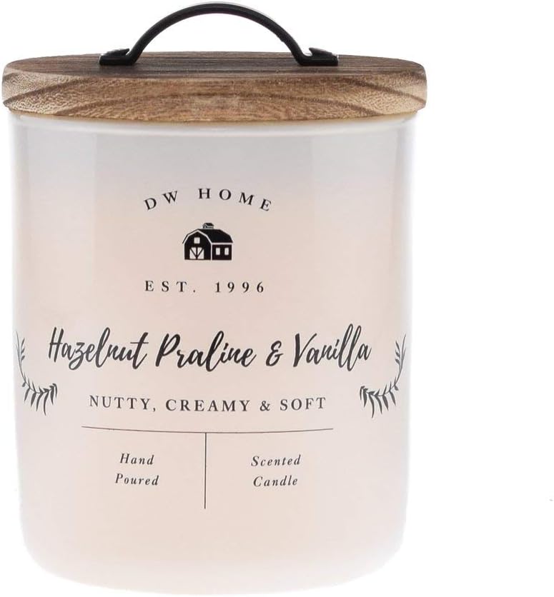 DW Home Charming Farmhouse Collection Hazelnut Praline & Vanilla Scented 1 Wick Candle Topped with a Rustic Wooden Lid