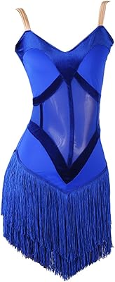 Womens V-Neck Fringe Latin Tango Salsa Cha Cha Dance Competition Dress Suspenders Backless Ballroom Dresses